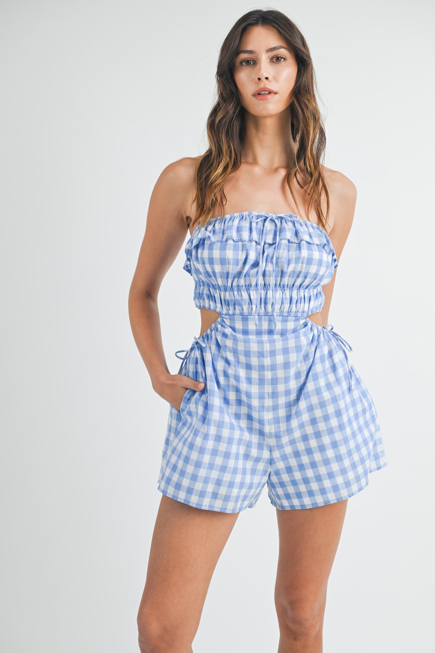 Fashion Summer Strapless Blue Checkered Print Cut Out Romper