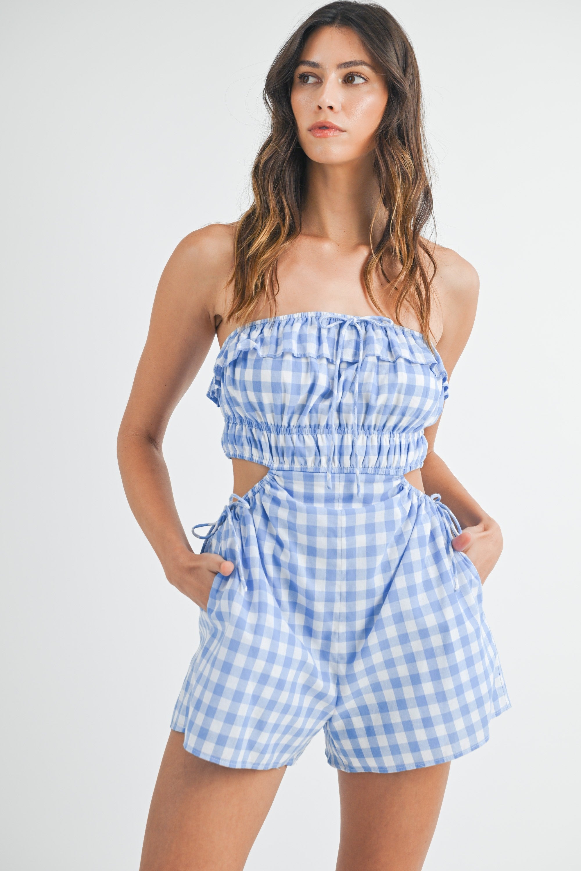 Fashion Summer Strapless Blue Checkered Print Cut Out Romper