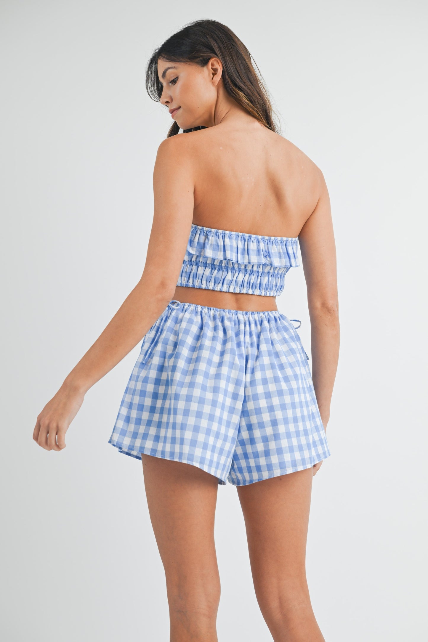 Fashion Summer Strapless Blue Checkered Print Cut Out Romper