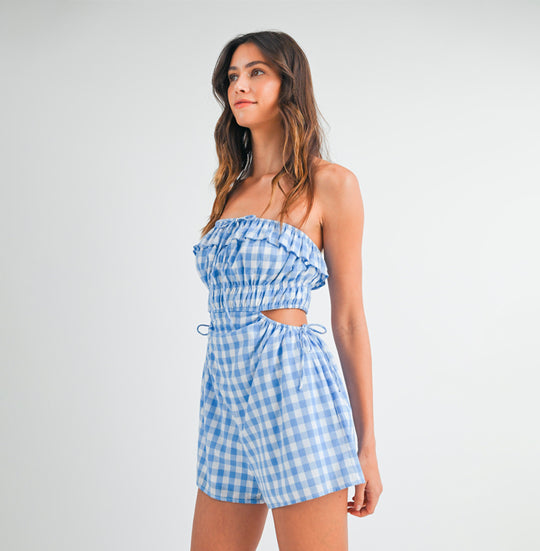 Fashion Summer Strapless Blue Checkered Print Cut Out Romper