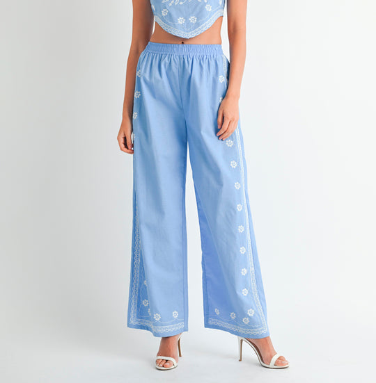 Fashion Summer Periwinkle White Floral Embroidery High Waisted Palazzo Pants