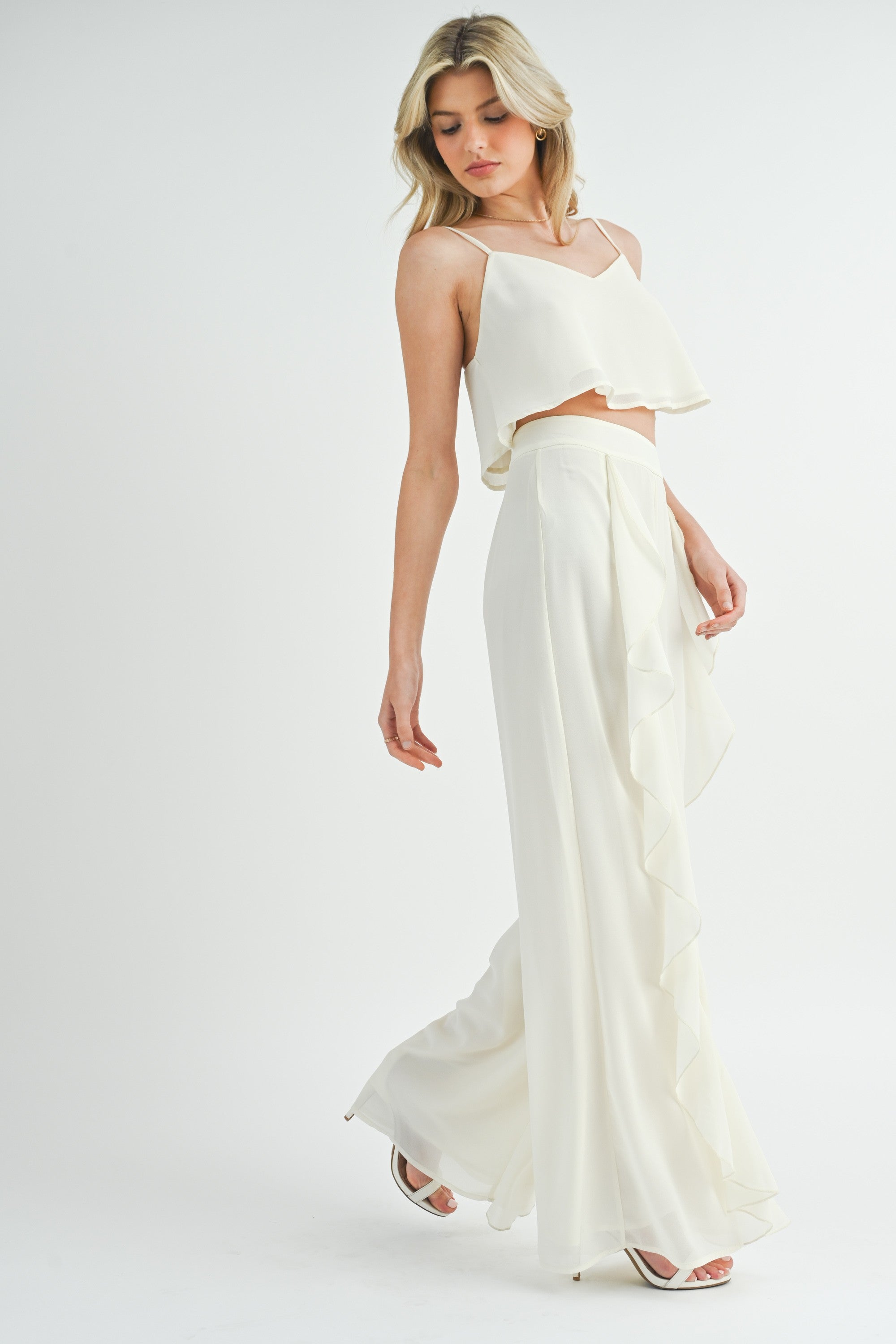 Fashion Cream High Waisted Ruffle Wide Leg Palazzo Pants