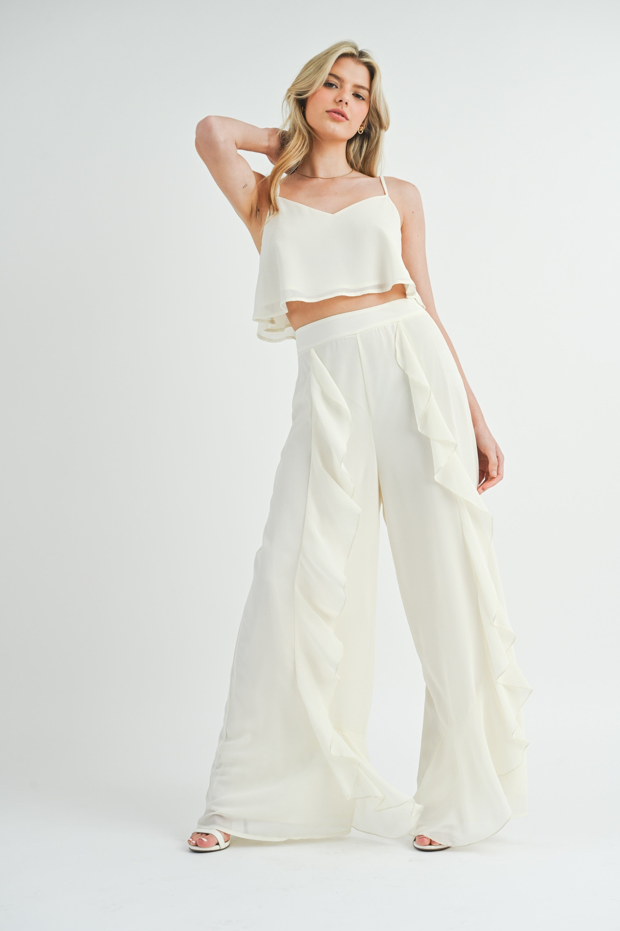 Fashion Cream High Waisted Ruffle Wide Leg Palazzo Pants