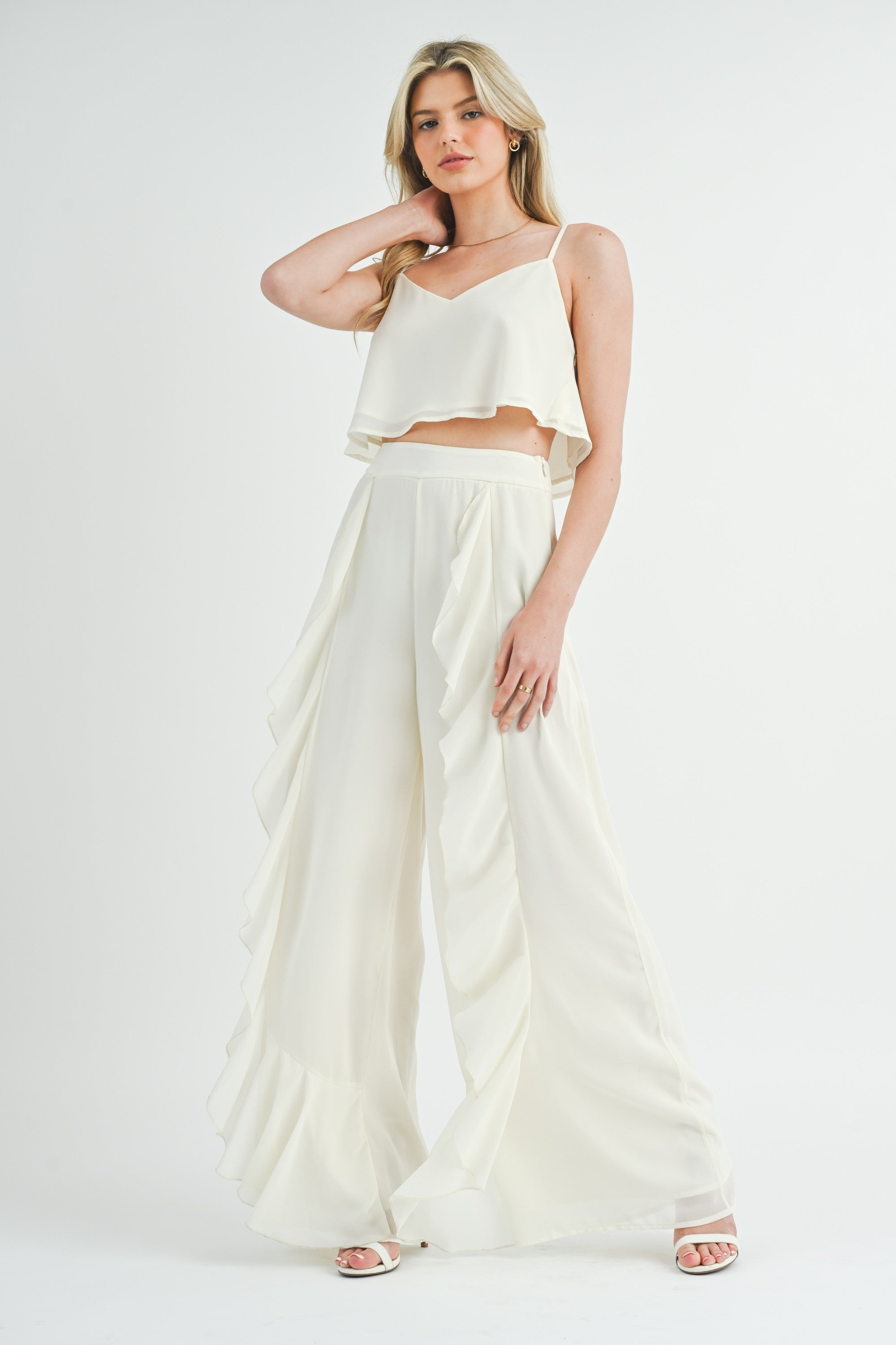 Fashion Cream High Waisted Ruffle Wide Leg Palazzo Pants