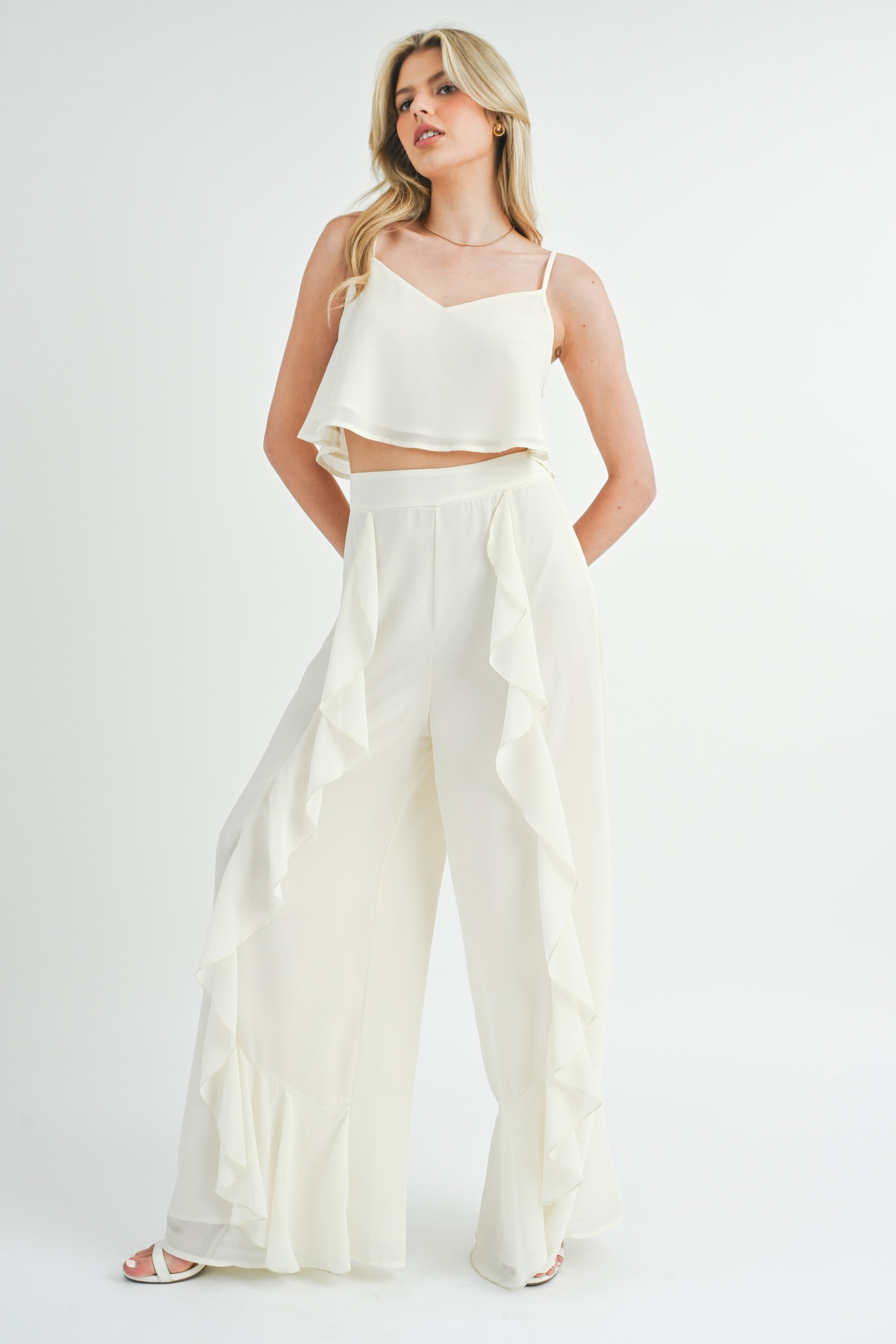 Fashion Cream High Waisted Ruffle Wide Leg Palazzo Pants