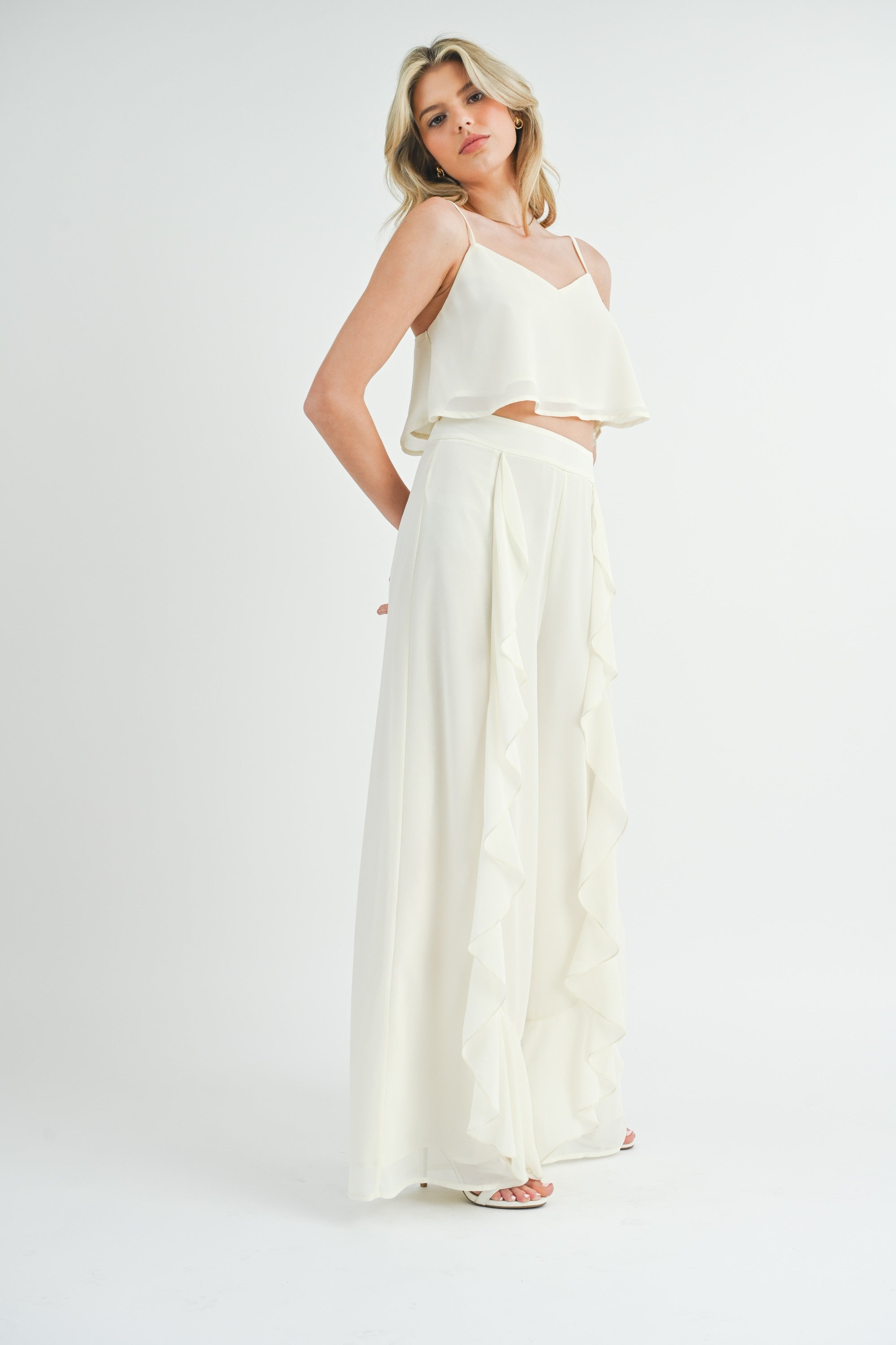 Fashion Cream High Waisted Ruffle Wide Leg Palazzo Pants