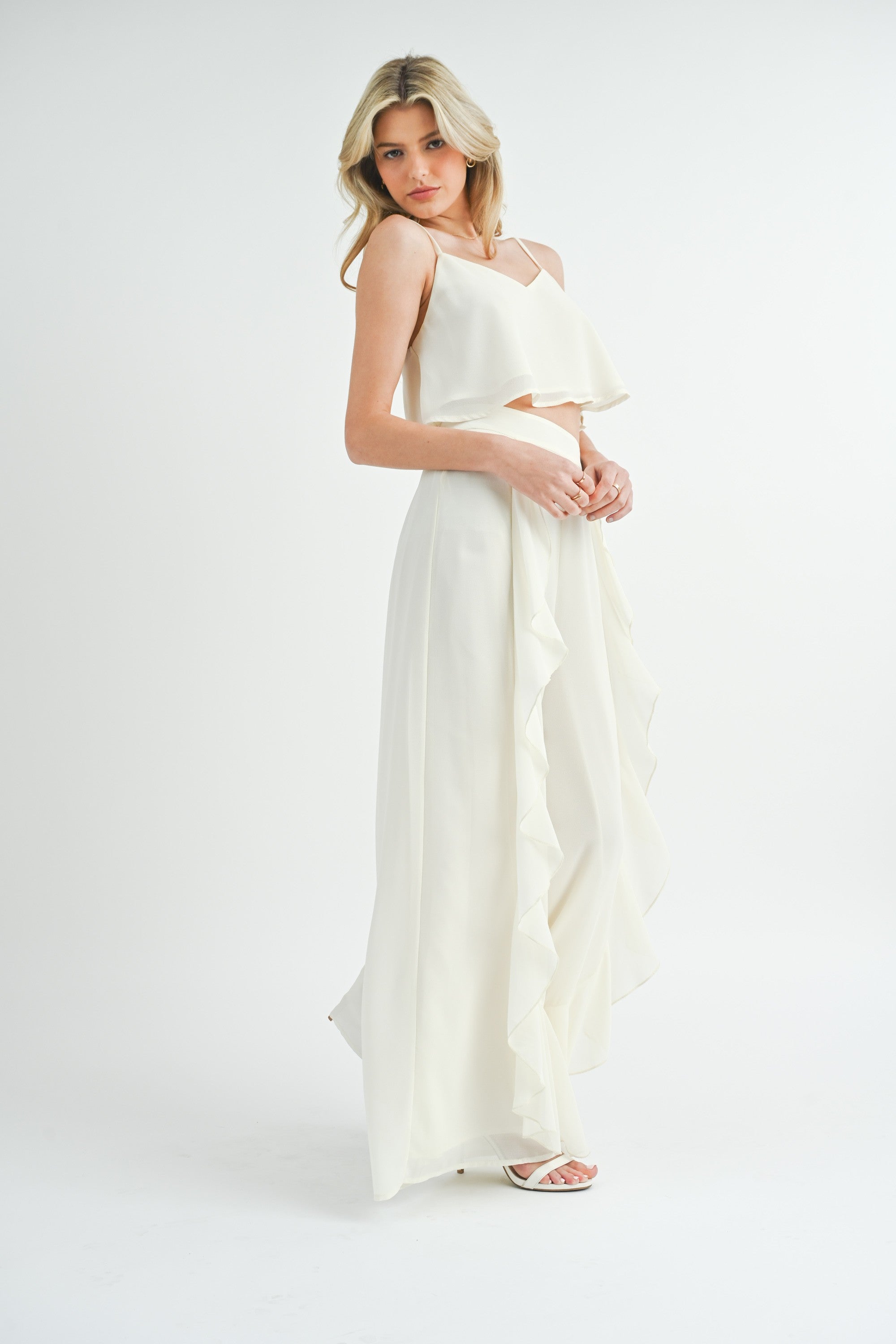 Fashion Cream High Waisted Ruffle Wide Leg Palazzo Pants