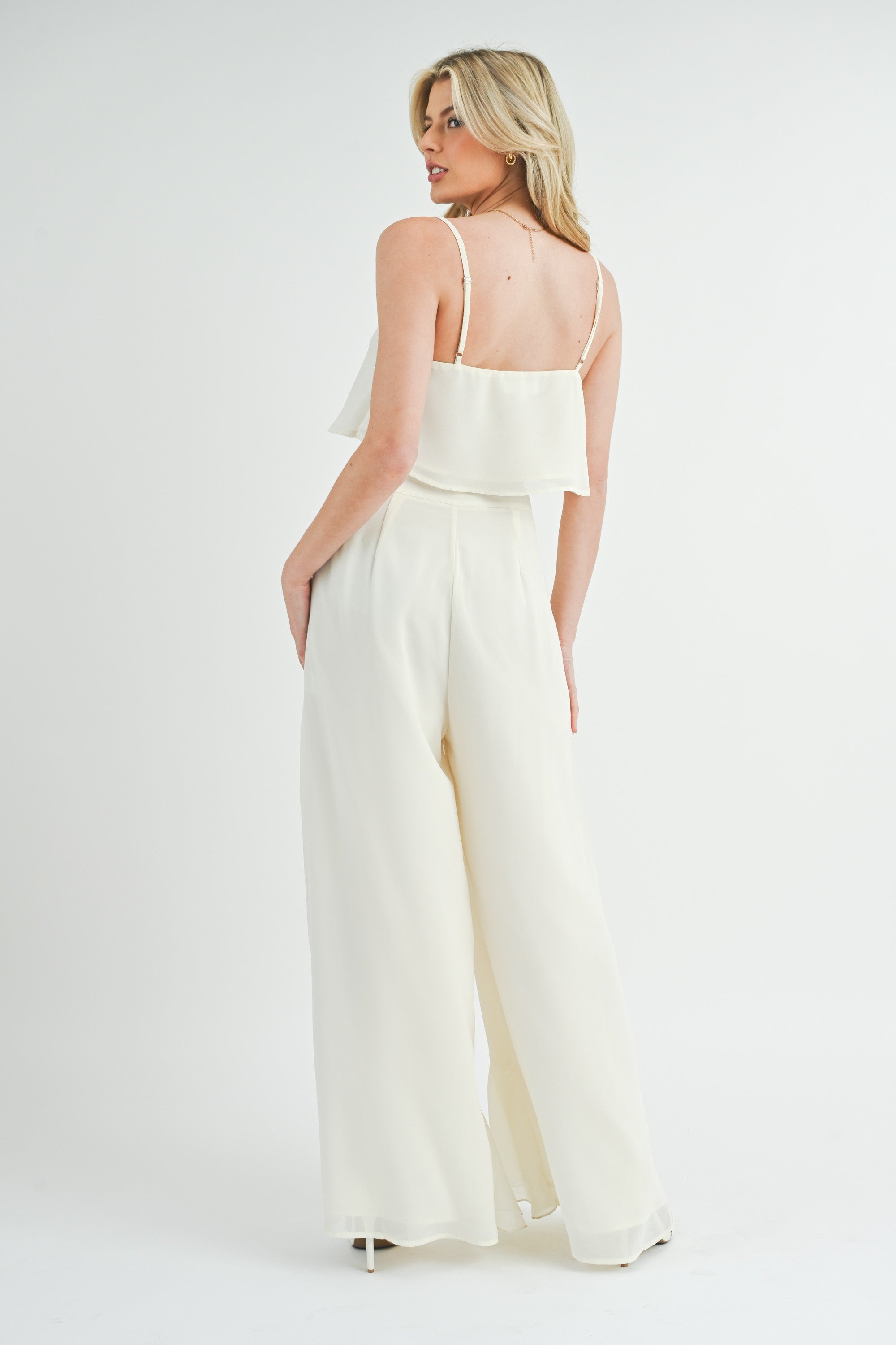Fashion Cream High Waisted Ruffle Wide Leg Palazzo Pants