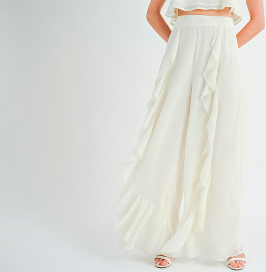Fashion Cream High Waisted Ruffle Wide Leg Palazzo Pants