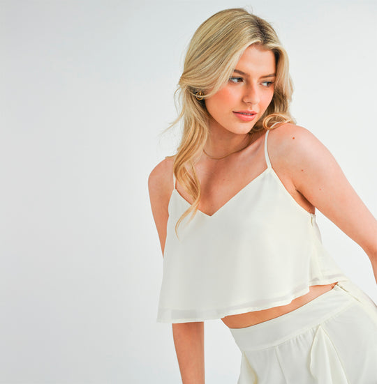 Fashion Strap Cream Ruffle Crop Top