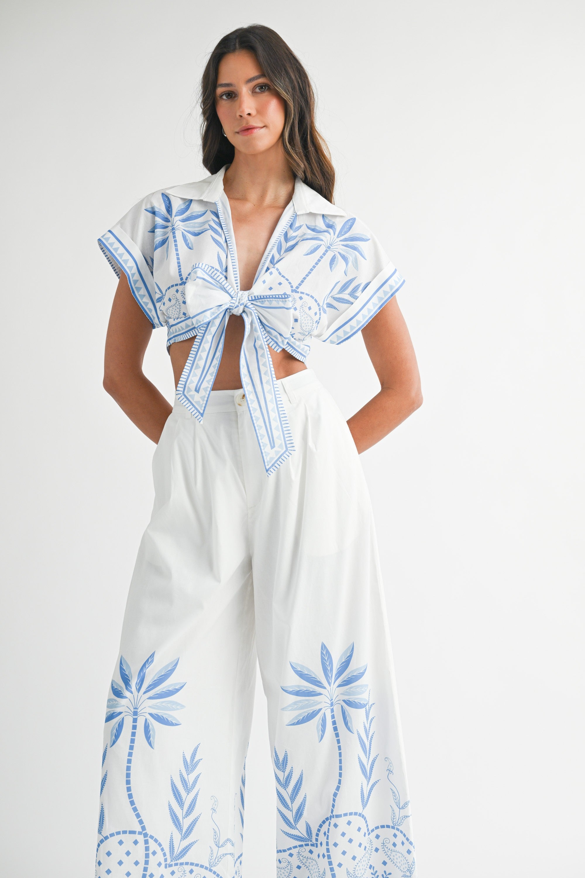Fashion Summer White Blue Floral Print Front Tie-Up Crop Top