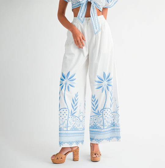 Fashion Summer White Blue Floral Print High Waisted Palazzo Pants