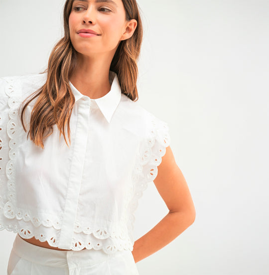 Fashion Summer Off White Scalloped Embroidery Sleeveless Button Down Shirt Top