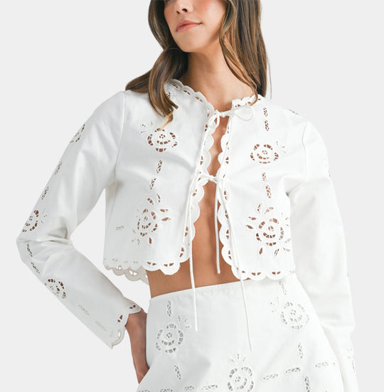 Elegant Off White Embroidered Floral Front Tie-Up Crop Top with Long Sleeve