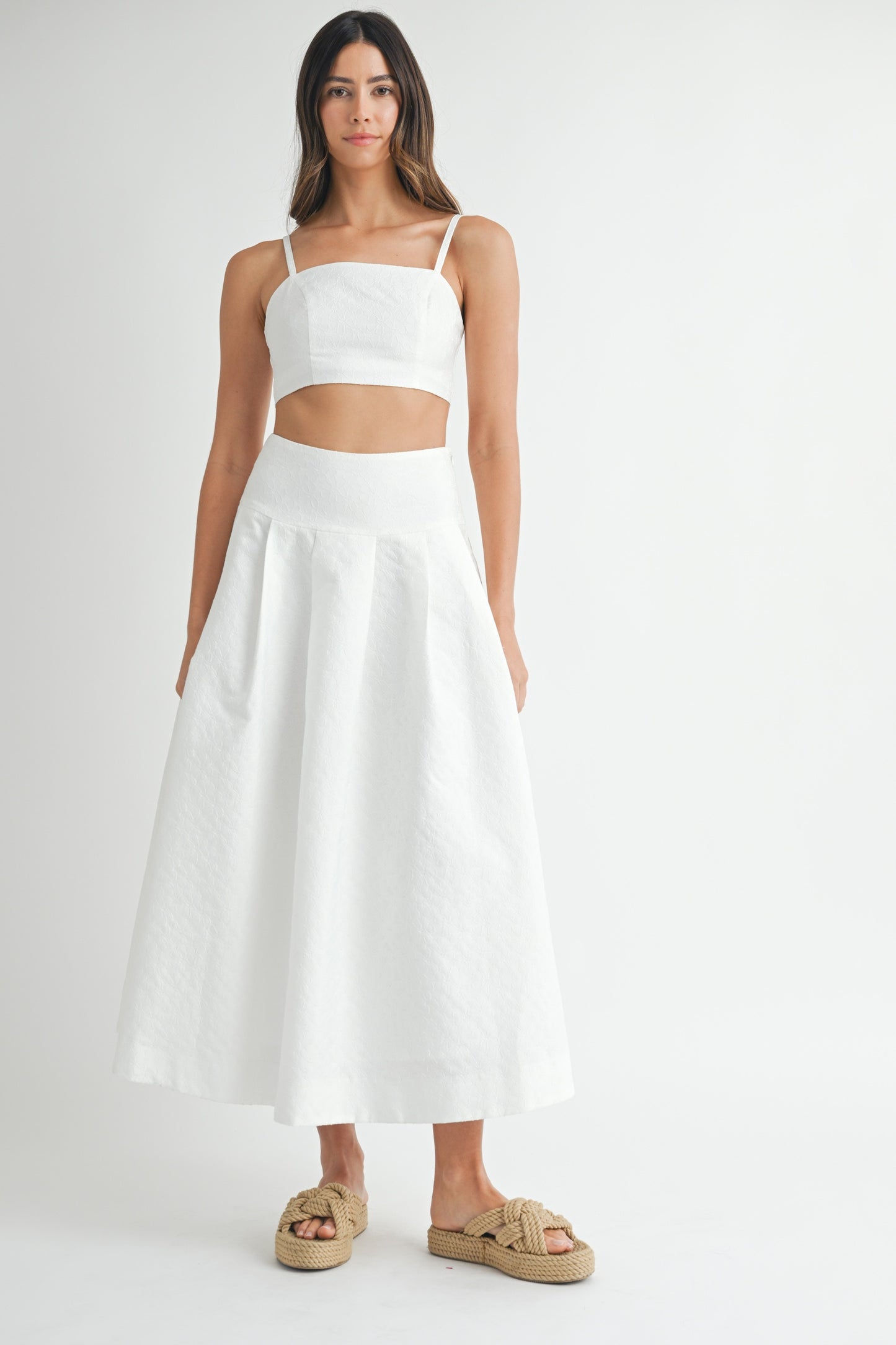 Elegant Off White Floral Textured Detailed High Waisted Midi Skirt