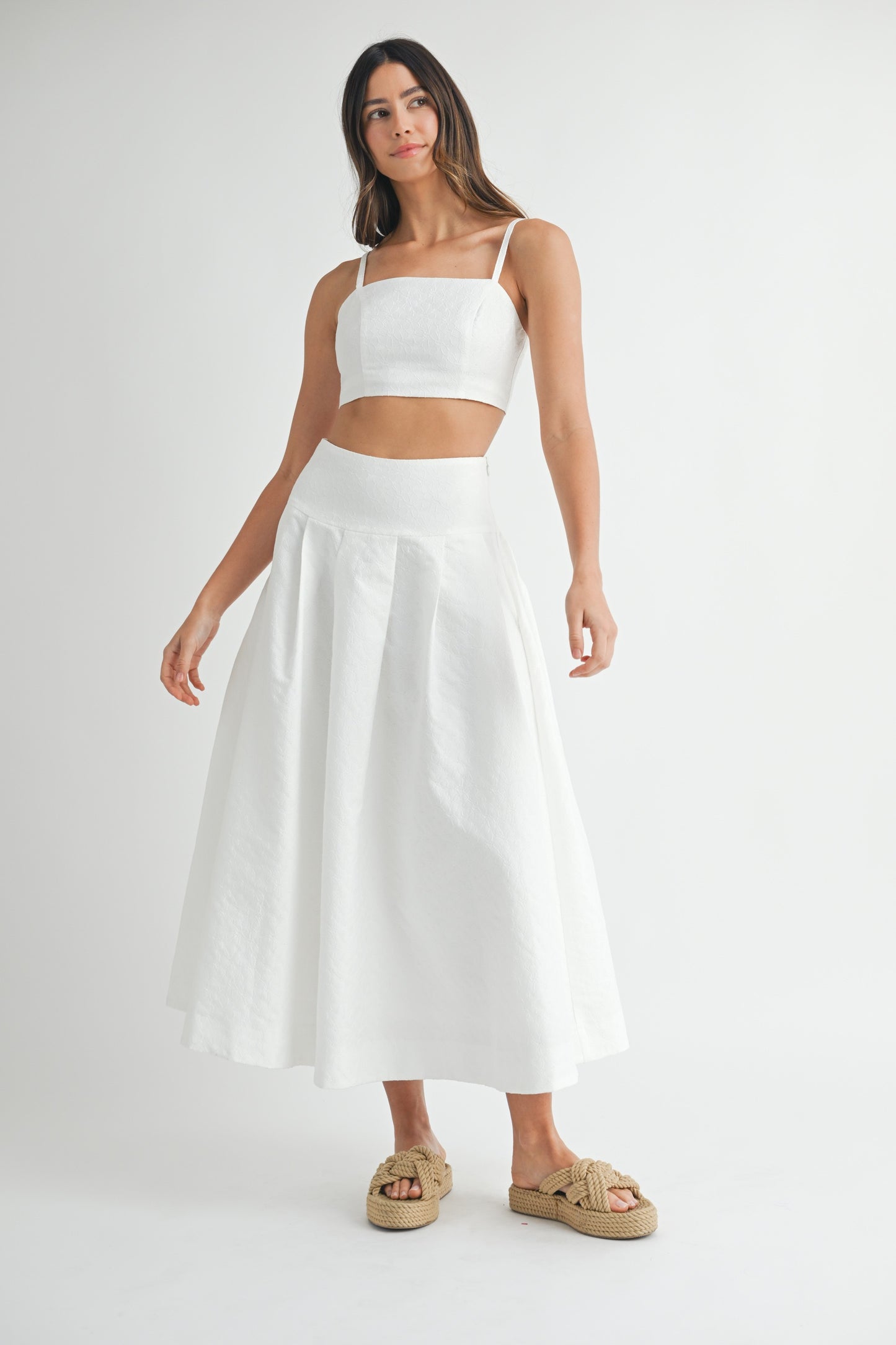 Elegant Off White Floral Textured Detailed High Waisted Midi Skirt