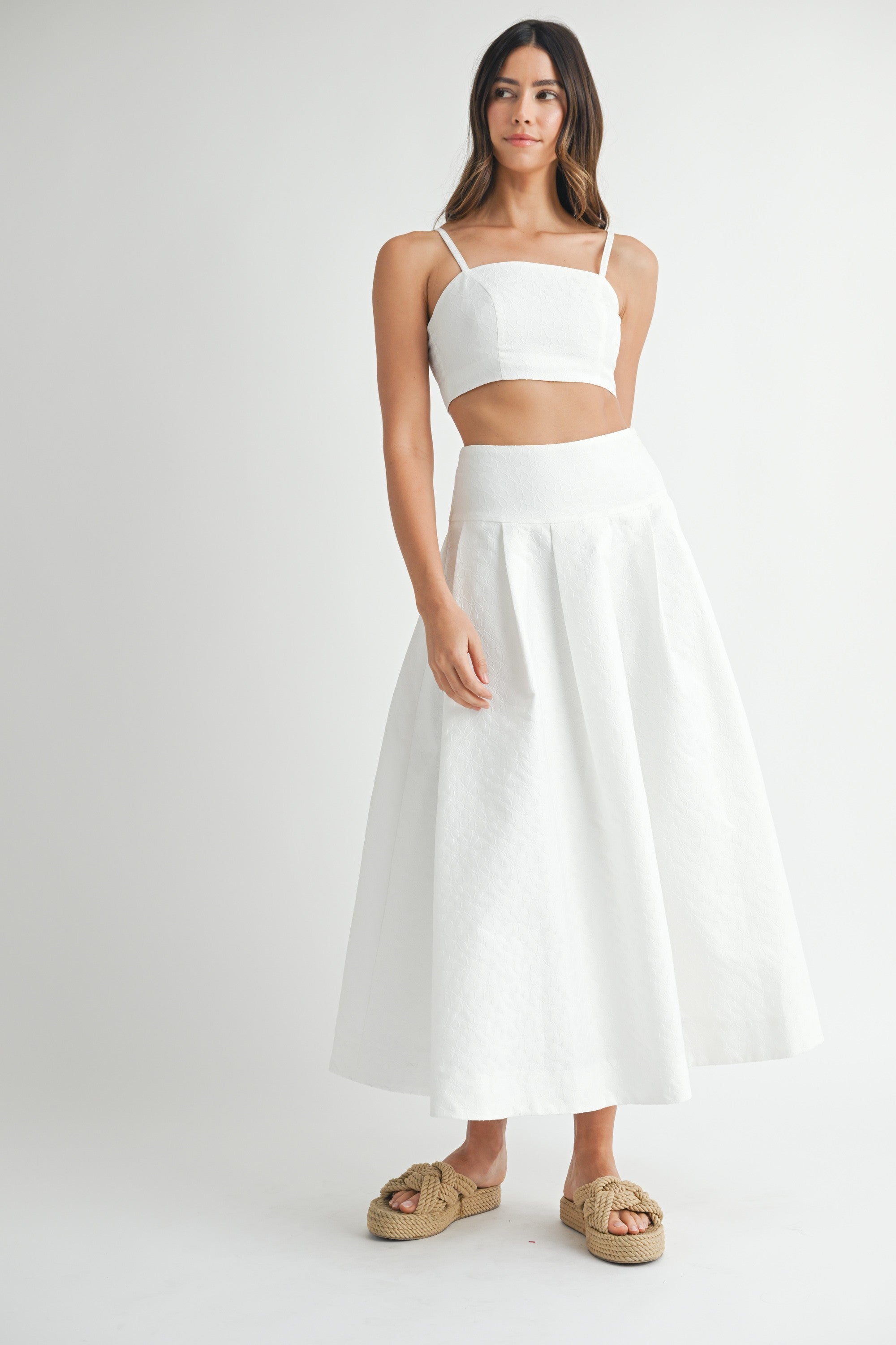 Elegant Off White Floral Textured Detailed High Waisted Midi Skirt