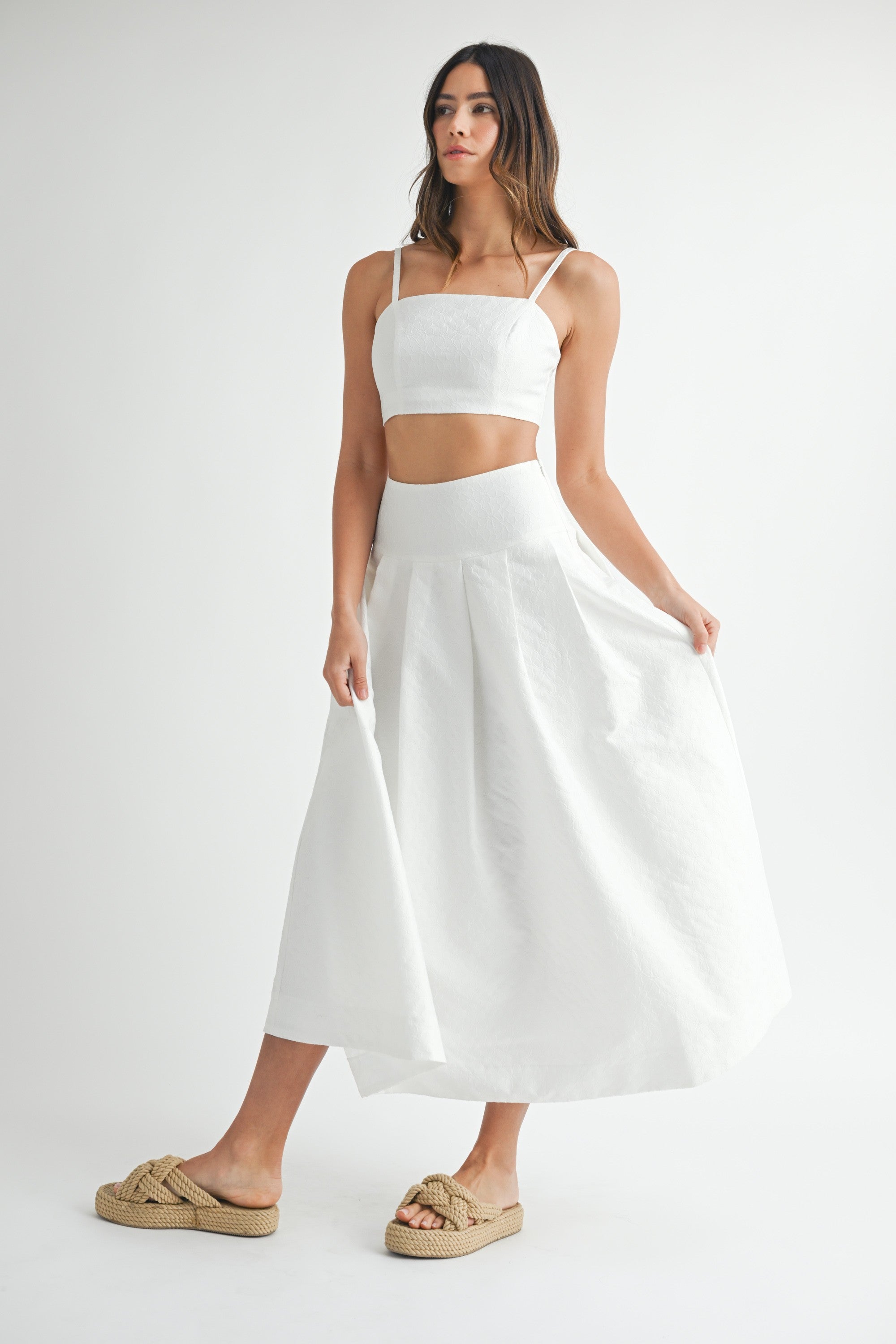 Elegant Off White Floral Textured Detailed High Waisted Midi Skirt