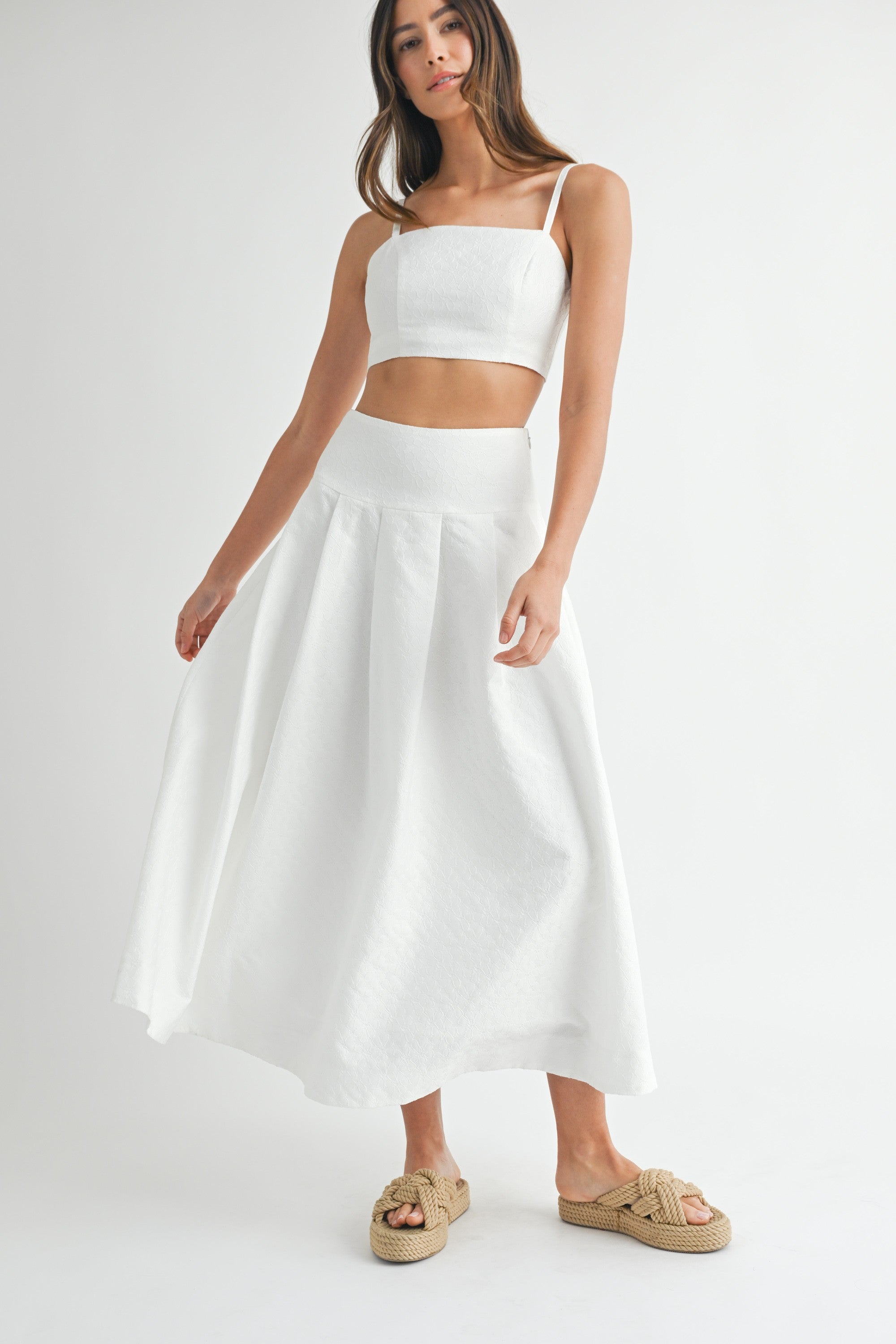 Elegant Off White Floral Textured Detailed High Waisted Midi Skirt
