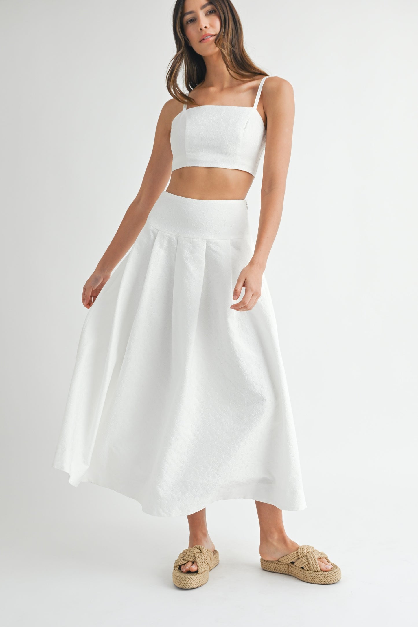 Elegant Off White Floral Textured Detailed High Waisted Midi Skirt