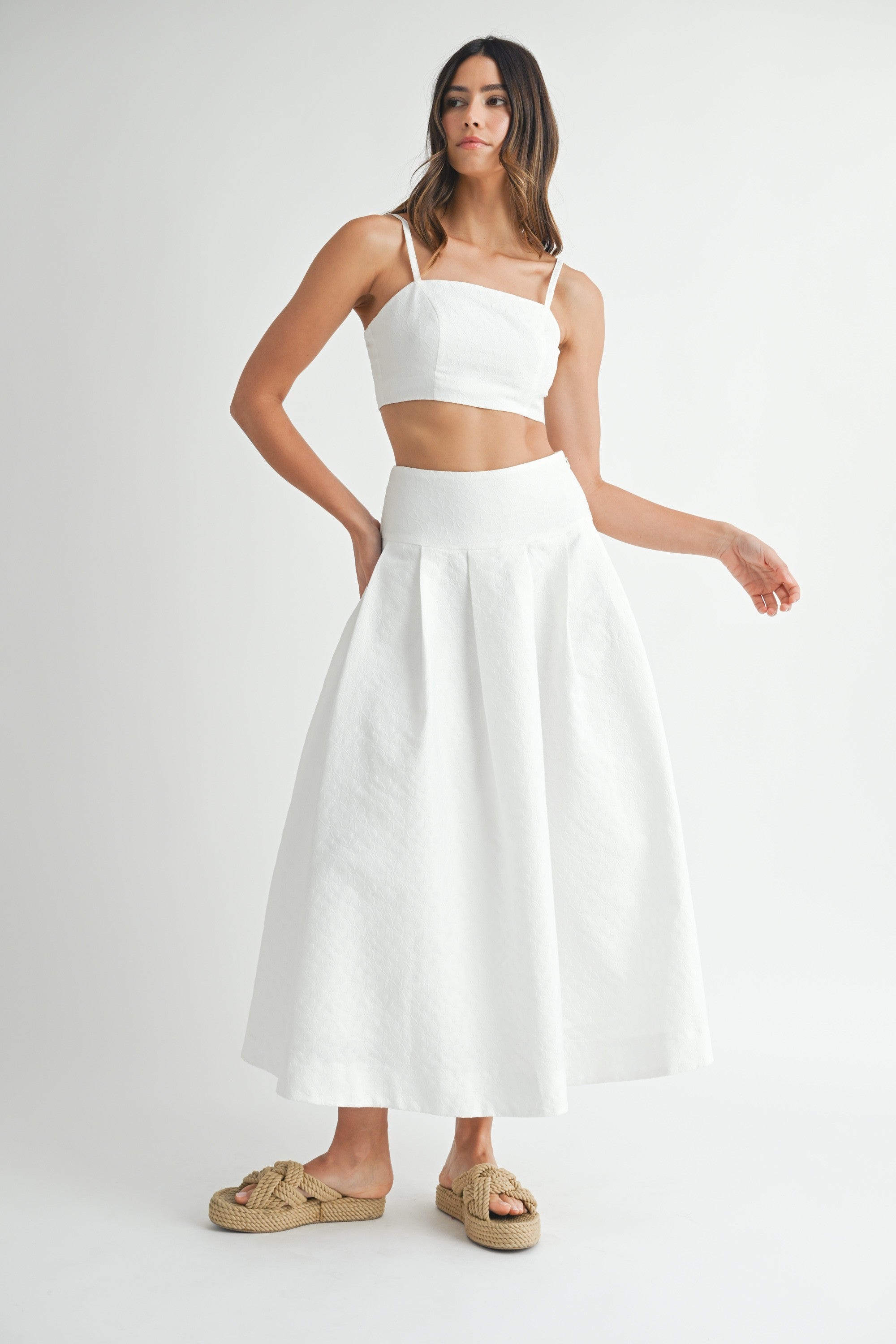 Elegant Off White Floral Textured Detailed High Waisted Midi Skirt