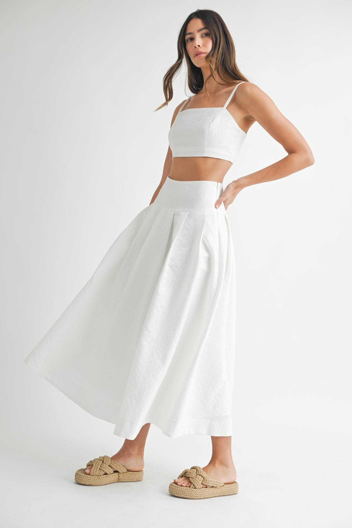 Elegant Off White Floral Textured Detailed High Waisted Midi Skirt