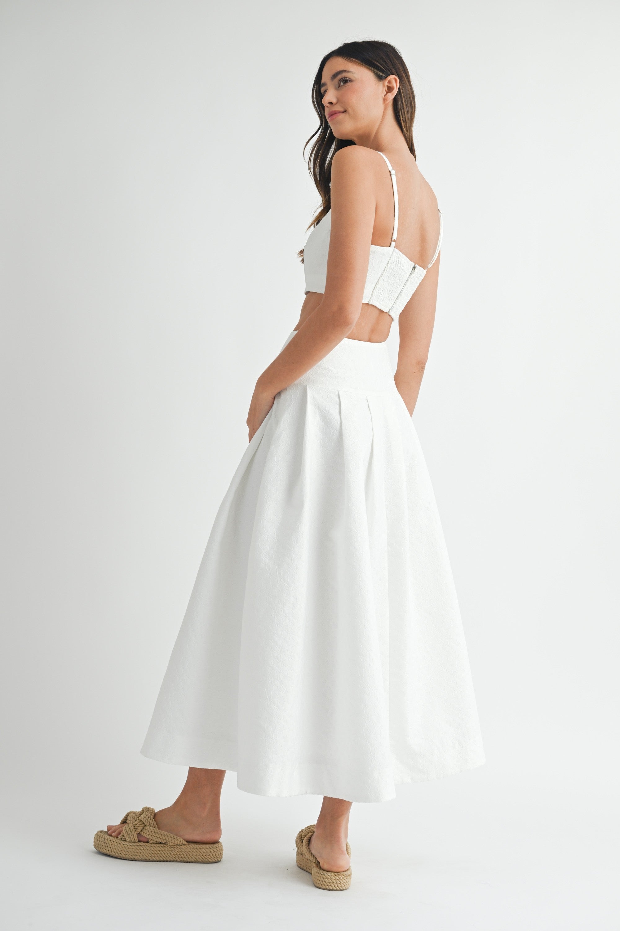 Elegant Off White Floral Textured Detailed High Waisted Midi Skirt