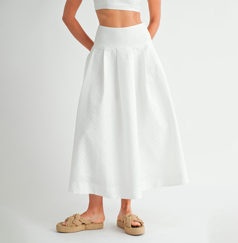 Elegant Off White Floral Textured Detailed High Waisted Midi Skirt