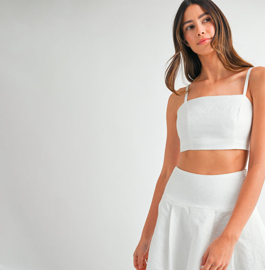 Elegant Strap Off White Floral Textured Detailed Crop Top