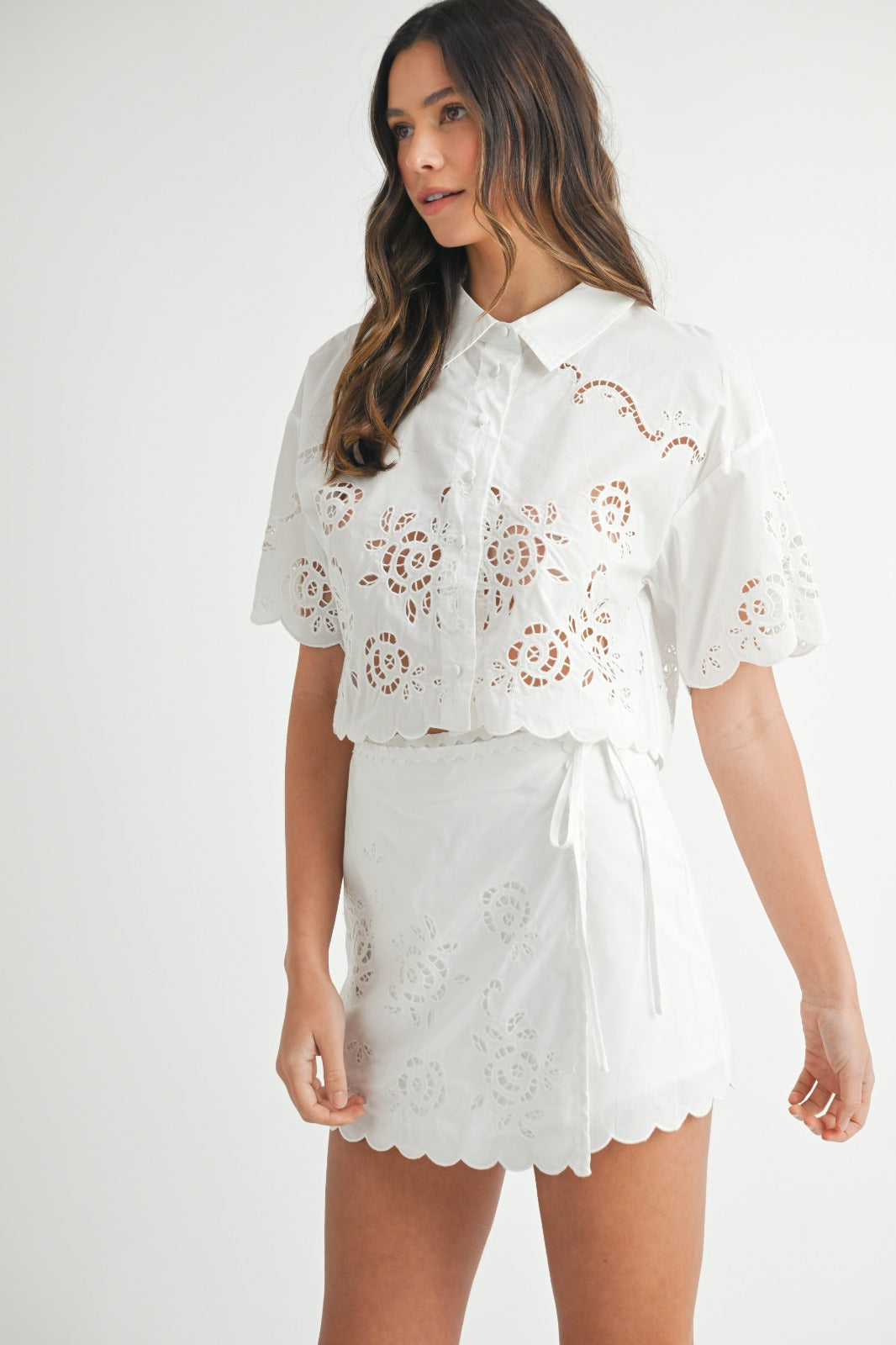 Elegant Summer Off White Embroidered Floral Button Down Crop Blouse Top