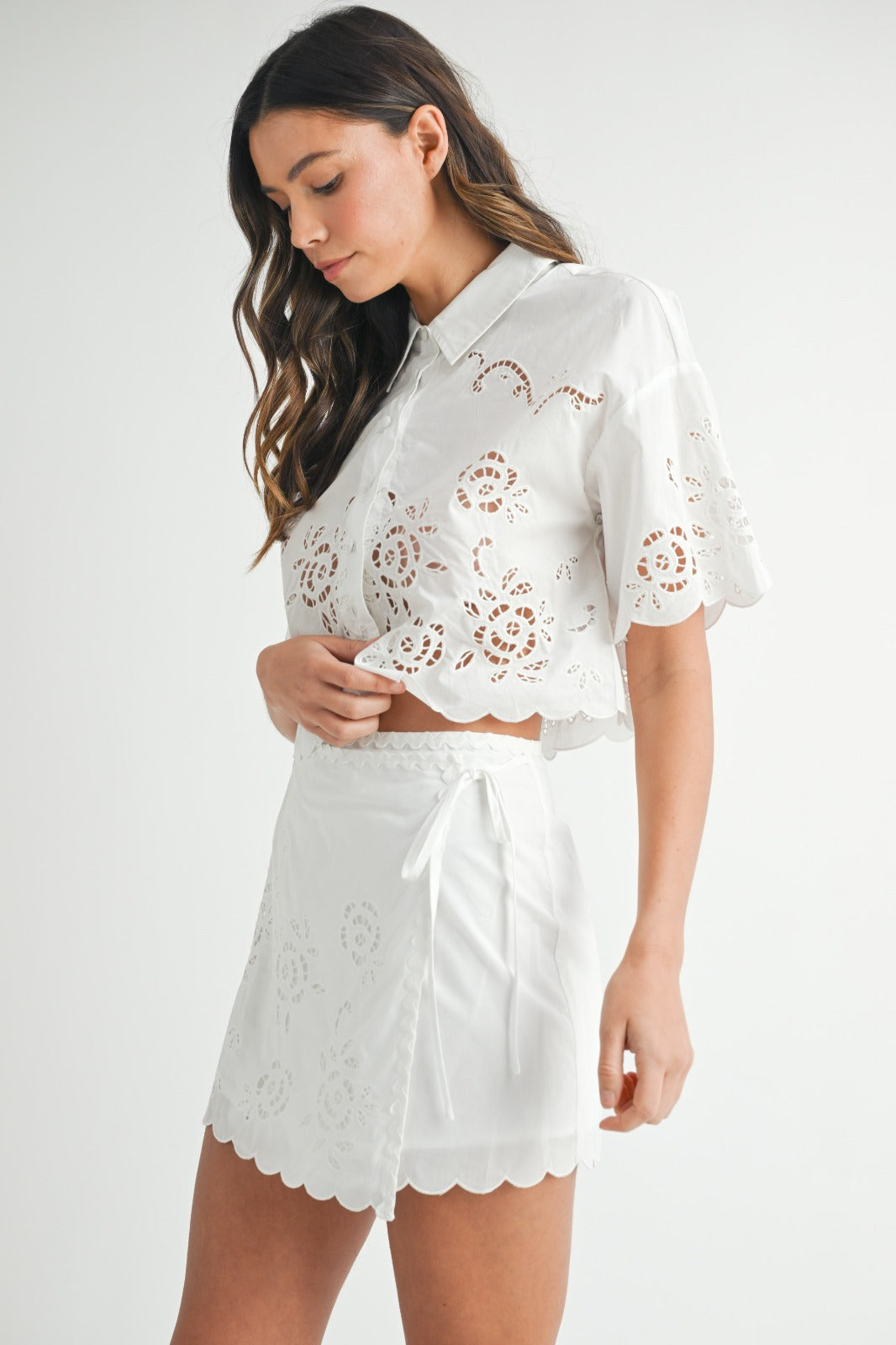 Elegant Summer Off White Embroidered Floral High Waisted Tie-Up Wrap Mini Skirt