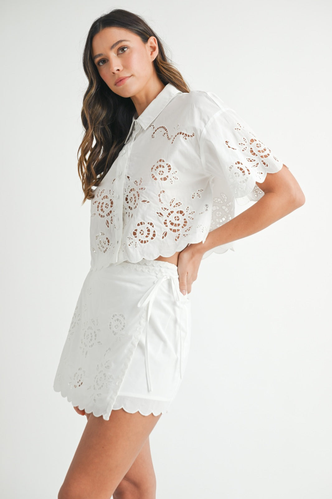 Elegant Summer Off White Embroidered Floral Button Down Crop Blouse Top