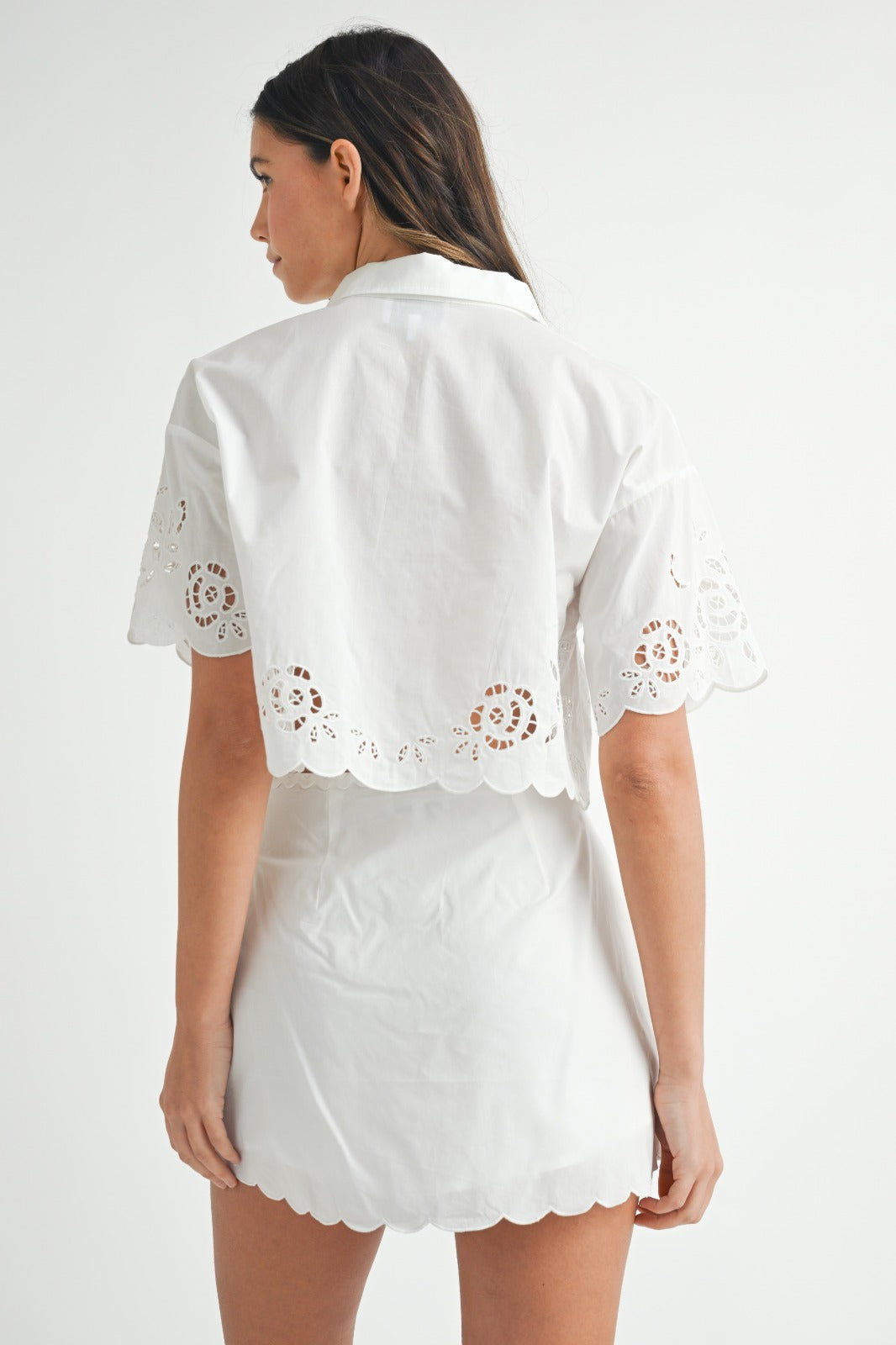 Elegant Summer Off White Embroidered Floral Button Down Crop Blouse Top