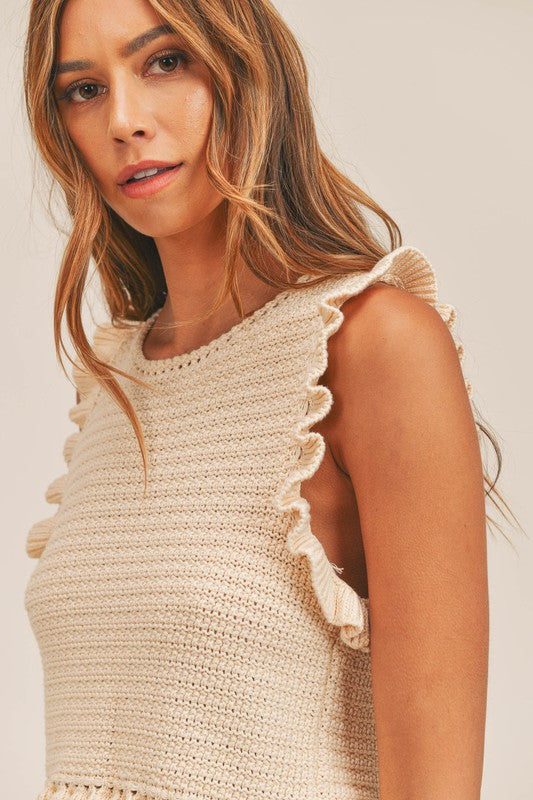 Elegant Taupe Knit Crochet Ruffle Sleeveless Top