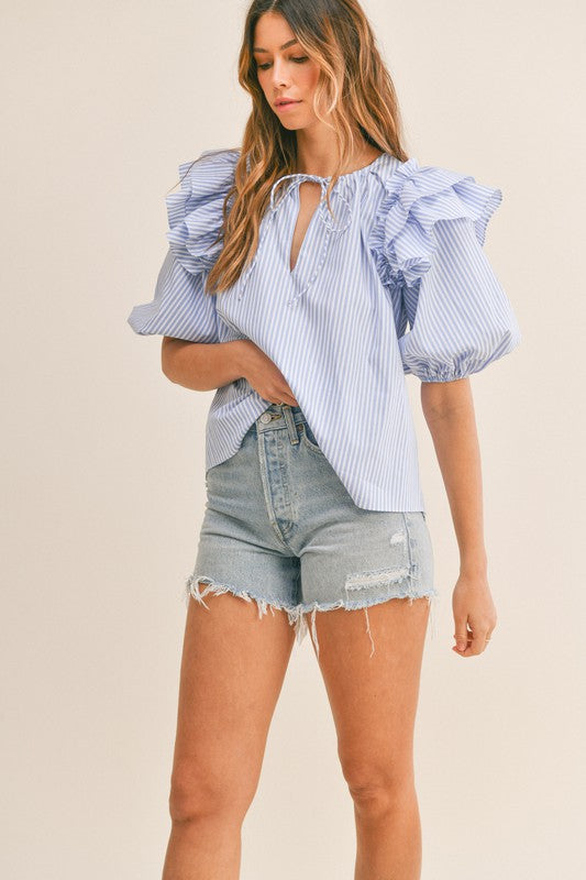 Elegant Blue Marine Front Tie-Up Blouse with Ruffle Puffy Sleeve
