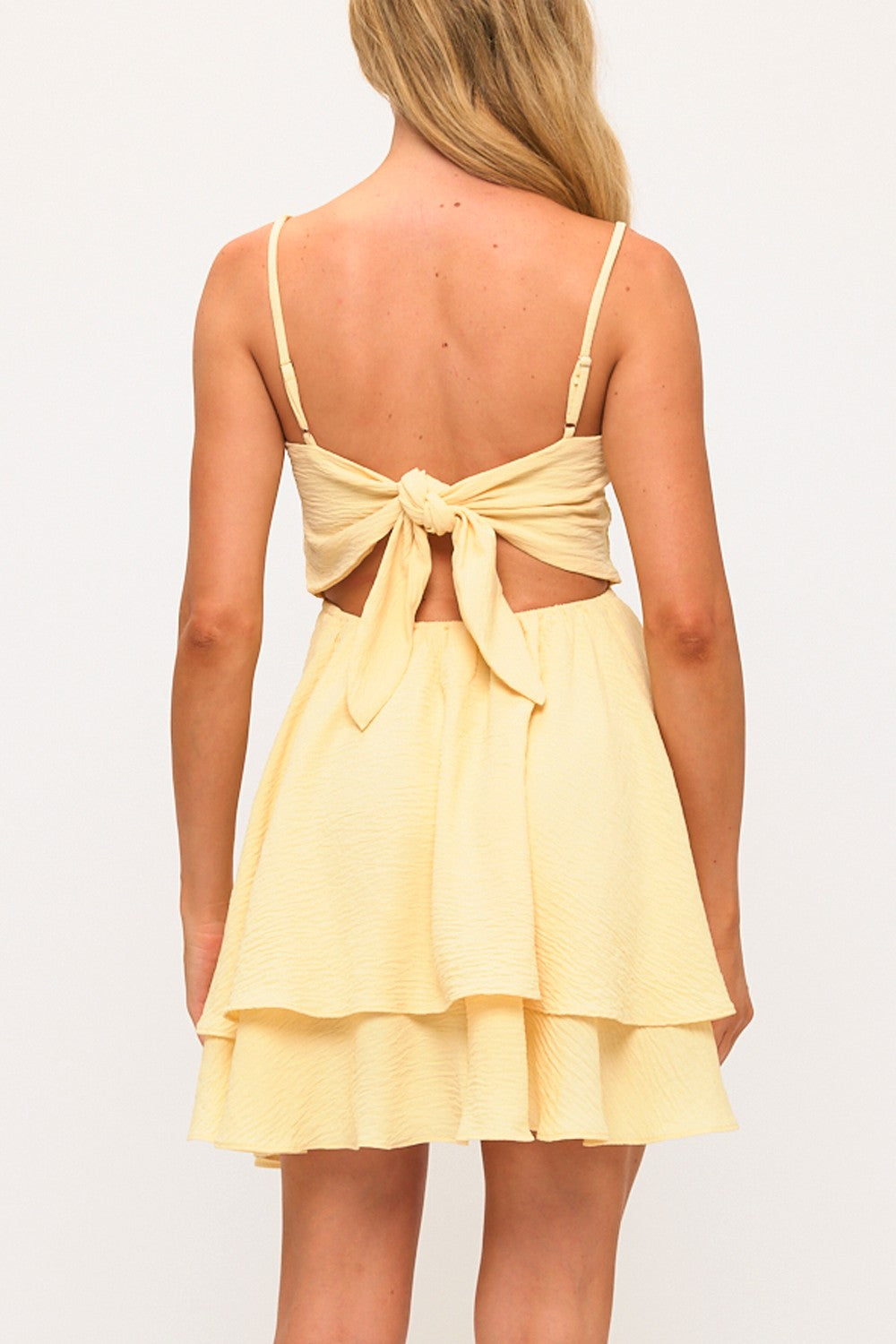 Fashion Summer Strap Baby Yellow Back Tie-Up Ruffle Mini Dress