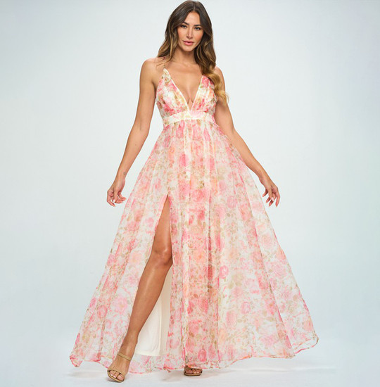 Elegant Pink Multi-Color Floral Print Strap Deep V-Neck Ruffle Maxi Dress