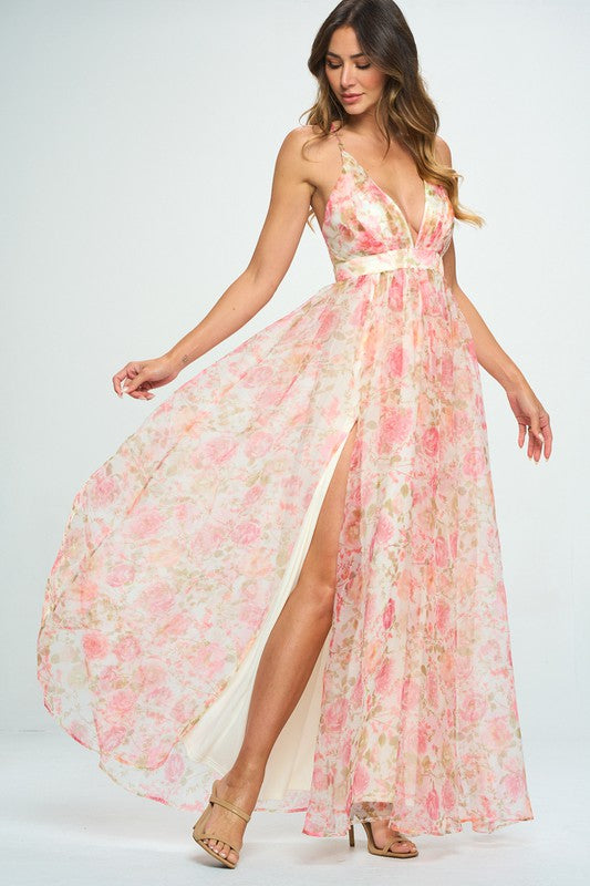 Elegant Pink Multi-Color Floral Print Strap Deep V-Neck Ruffle Maxi Dress