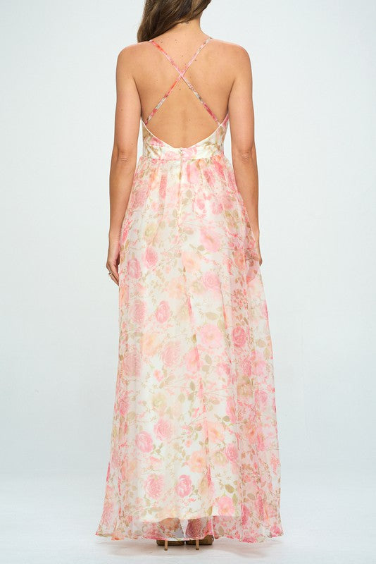 Elegant Pink Multi-Color Floral Print Strap Deep V-Neck Ruffle Maxi Dress