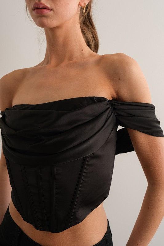 Elegant Off Shoulder Black Satin Boning Detailed Corset Crop Top