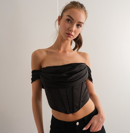 Elegant Off Shoulder Black Satin Boning Detailed Corset Crop Top