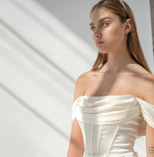 Elegant Off Shoulder Champagne Satin Boning Detailed Corset Crop Top
