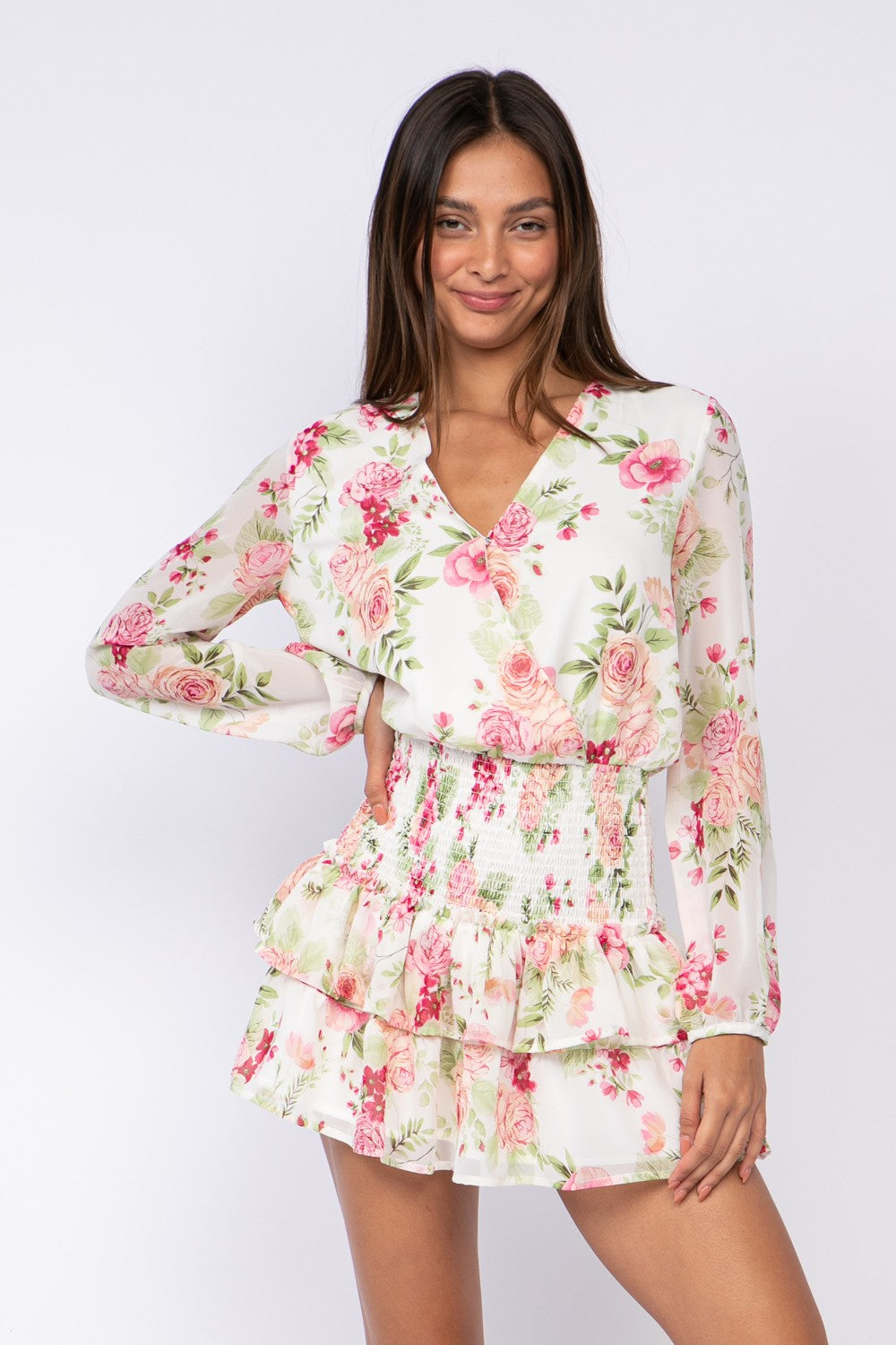 Fashion White Multi-Color Floral Print V-Neck Ruffle Elastic Mini Dress with Long Sleeve