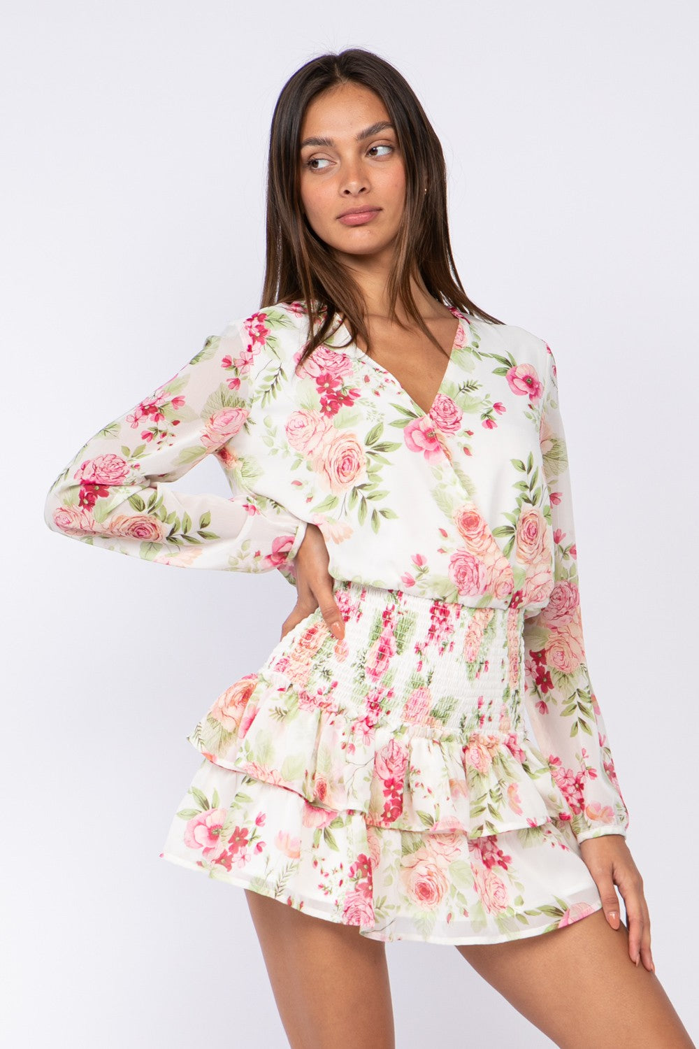 Fashion White Multi-Color Floral Print V-Neck Ruffle Elastic Mini Dress with Long Sleeve