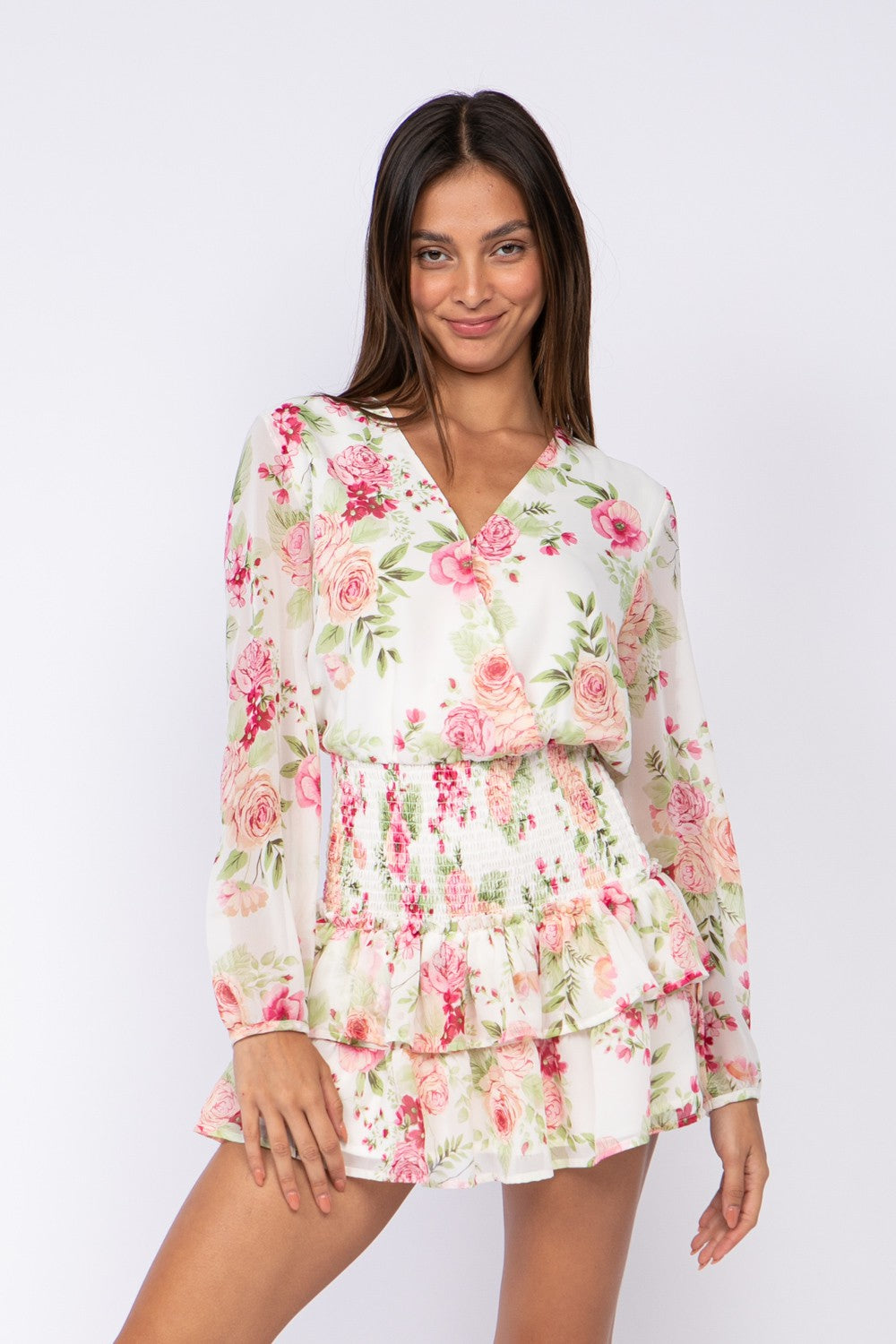 Fashion White Multi-Color Floral Print V-Neck Ruffle Elastic Mini Dress with Long Sleeve