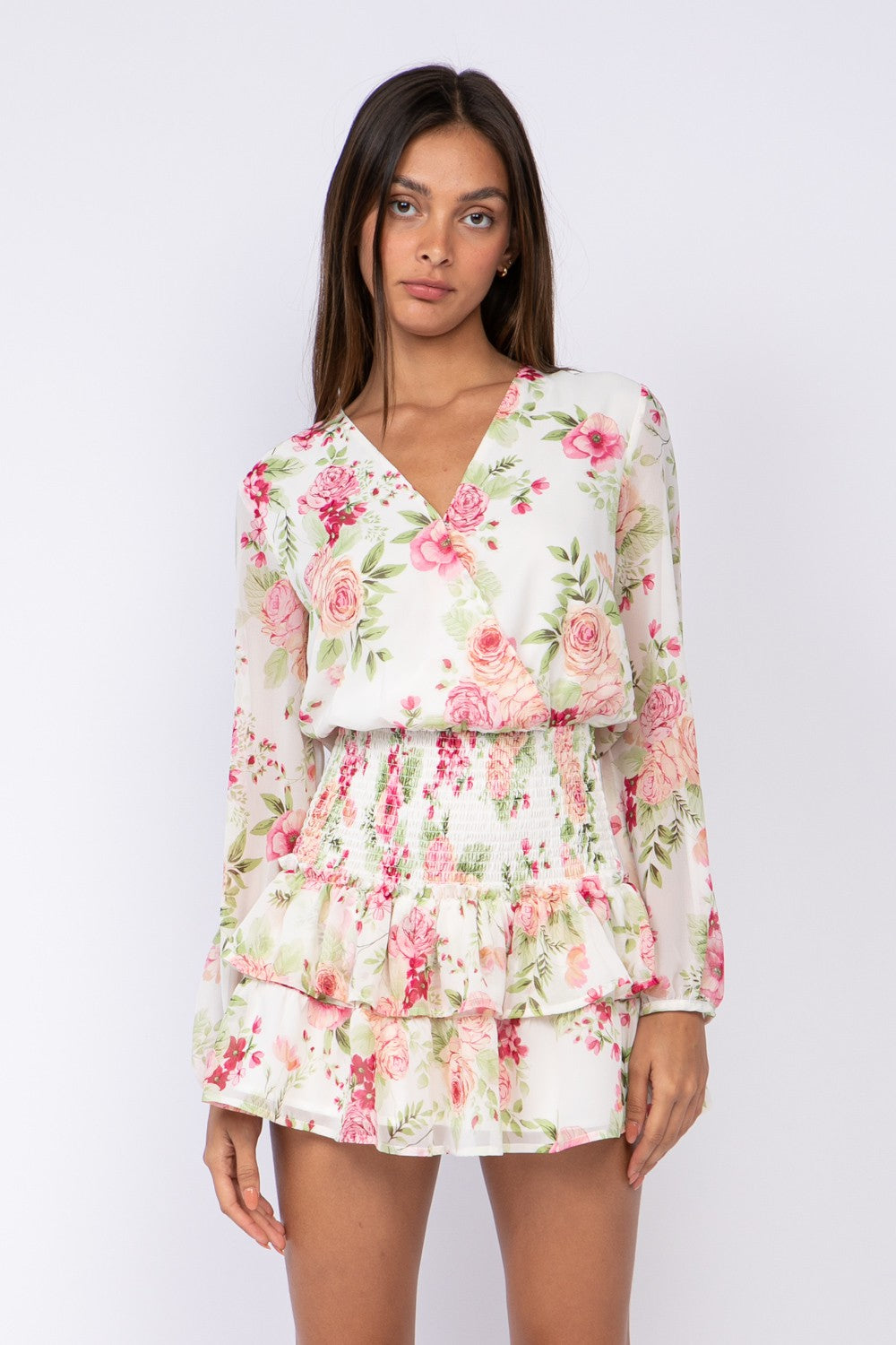 Fashion White Multi-Color Floral Print V-Neck Ruffle Elastic Mini Dress with Long Sleeve