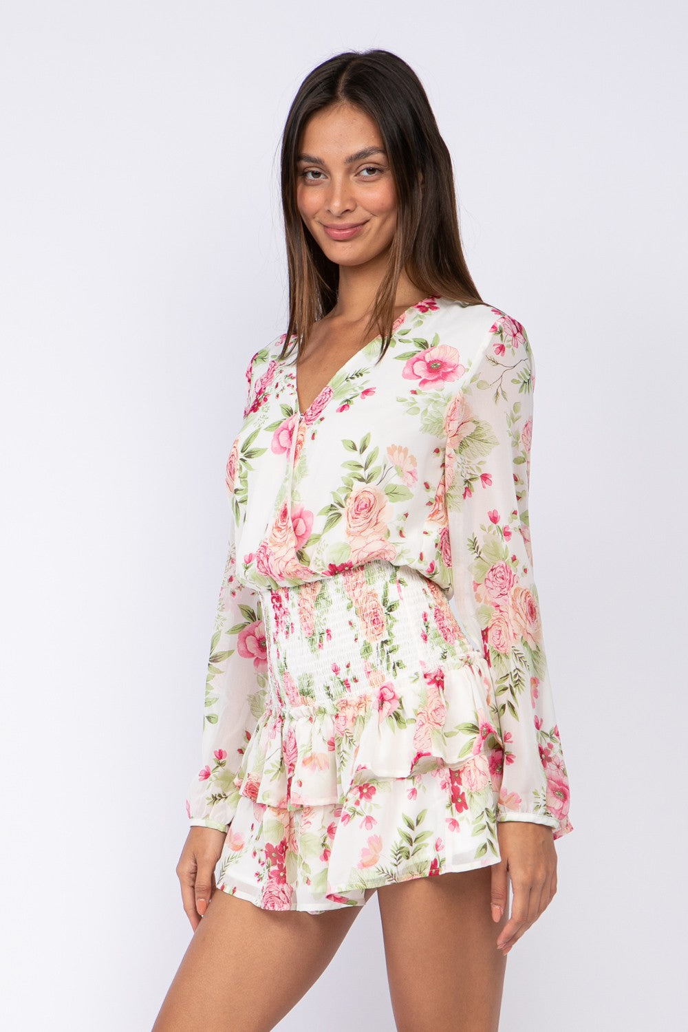 Fashion White Multi-Color Floral Print V-Neck Ruffle Elastic Mini Dress with Long Sleeve