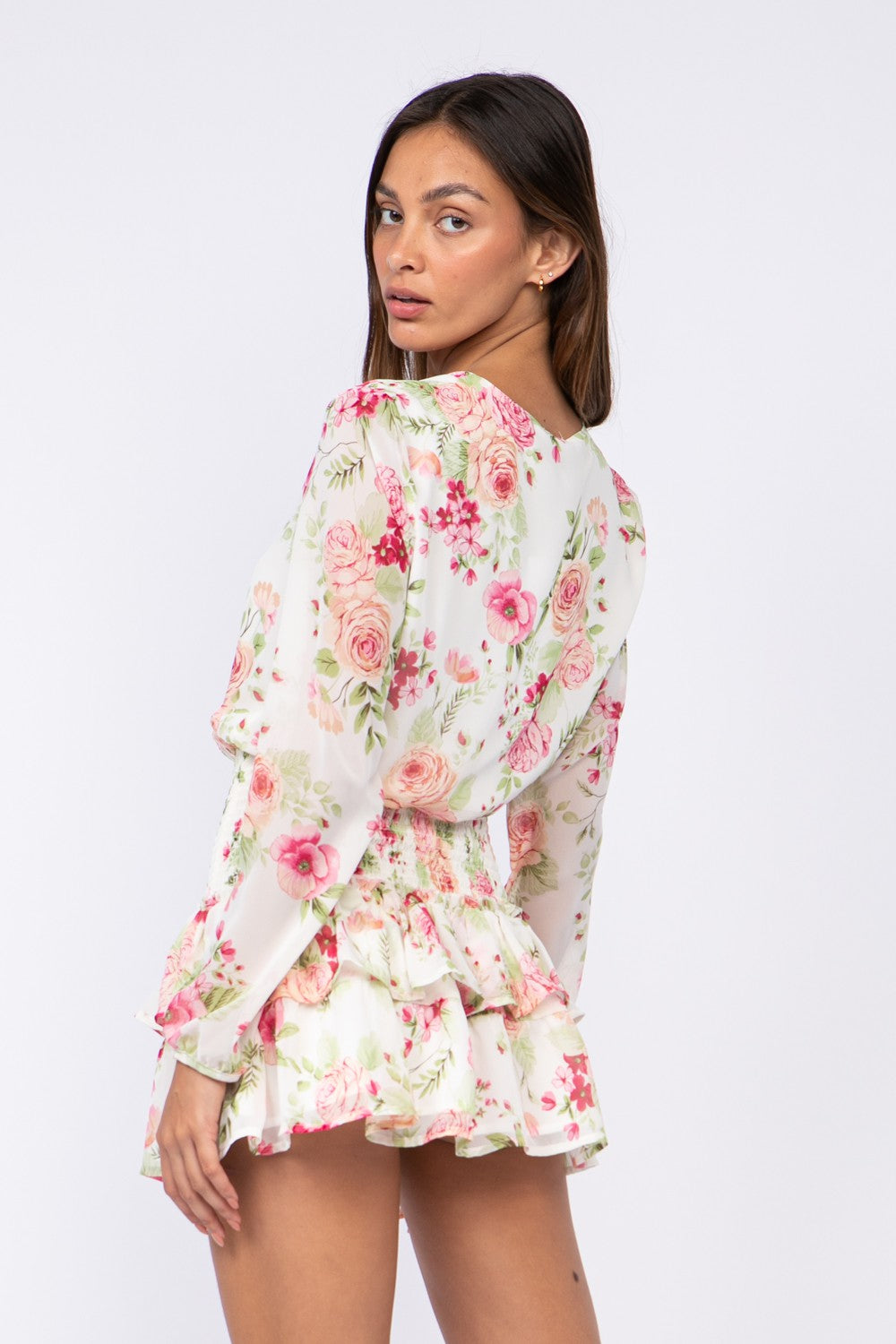 Fashion White Multi-Color Floral Print V-Neck Ruffle Elastic Mini Dress with Long Sleeve