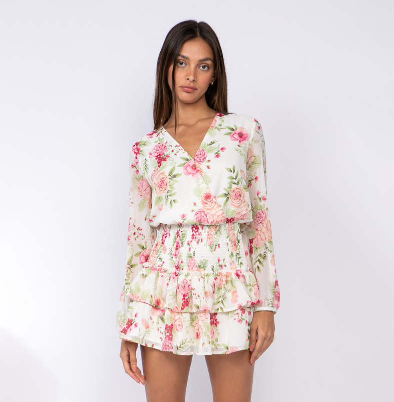 Fashion White Multi-Color Floral Print V-Neck Ruffle Elastic Mini Dress with Long Sleeve