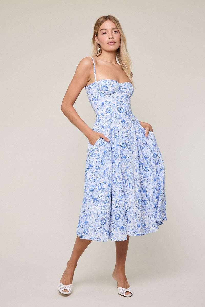 Elegant Summer Strap White Blue Floral Print V-Neck Corset Ruffle Midi Dress